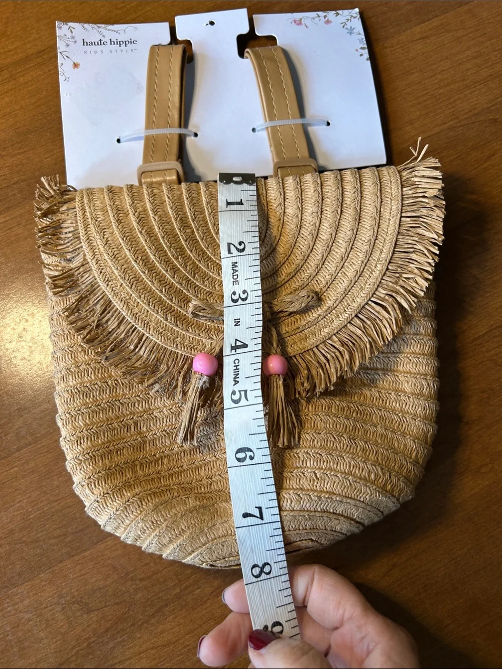 Haute Hippie Natural Straw mini backpack with Pink Bead Tassels and Tan Straps